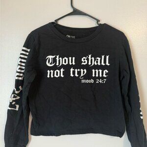 On Fire Black Crop Top with White Gothic Text
